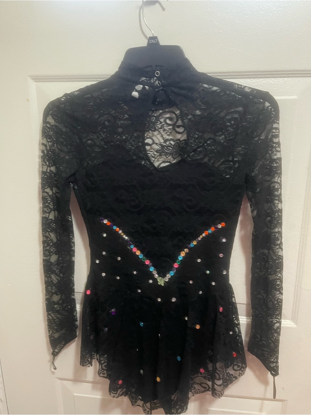 Black Lace Rhinestone Figure Skating Dress with Multicolored Gems - Picture 2 of 2